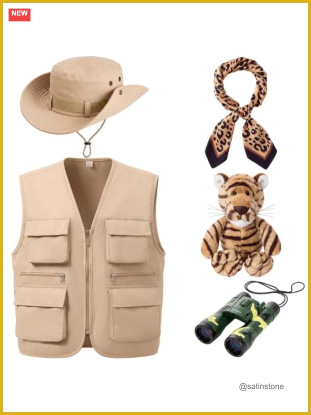 5 Pc Safari Costume Set Utility Vest Sun Hat Scarf Halloween Cosplay